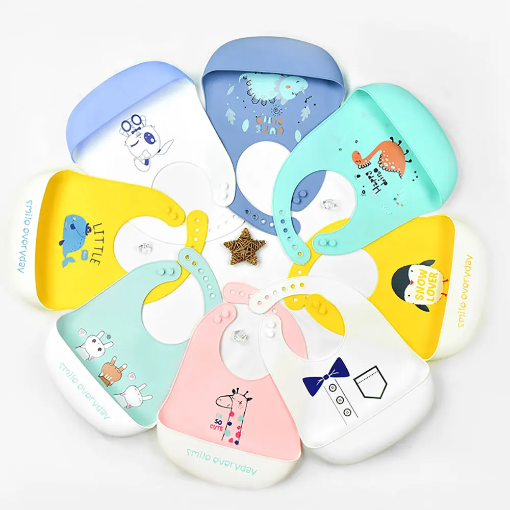 Silicone world Waterproof Soft Silicone Bibs Baby Kids Stuff Cute Cartoon Printed Kids Bib Adjustable Bib Baby Feeding Stuff