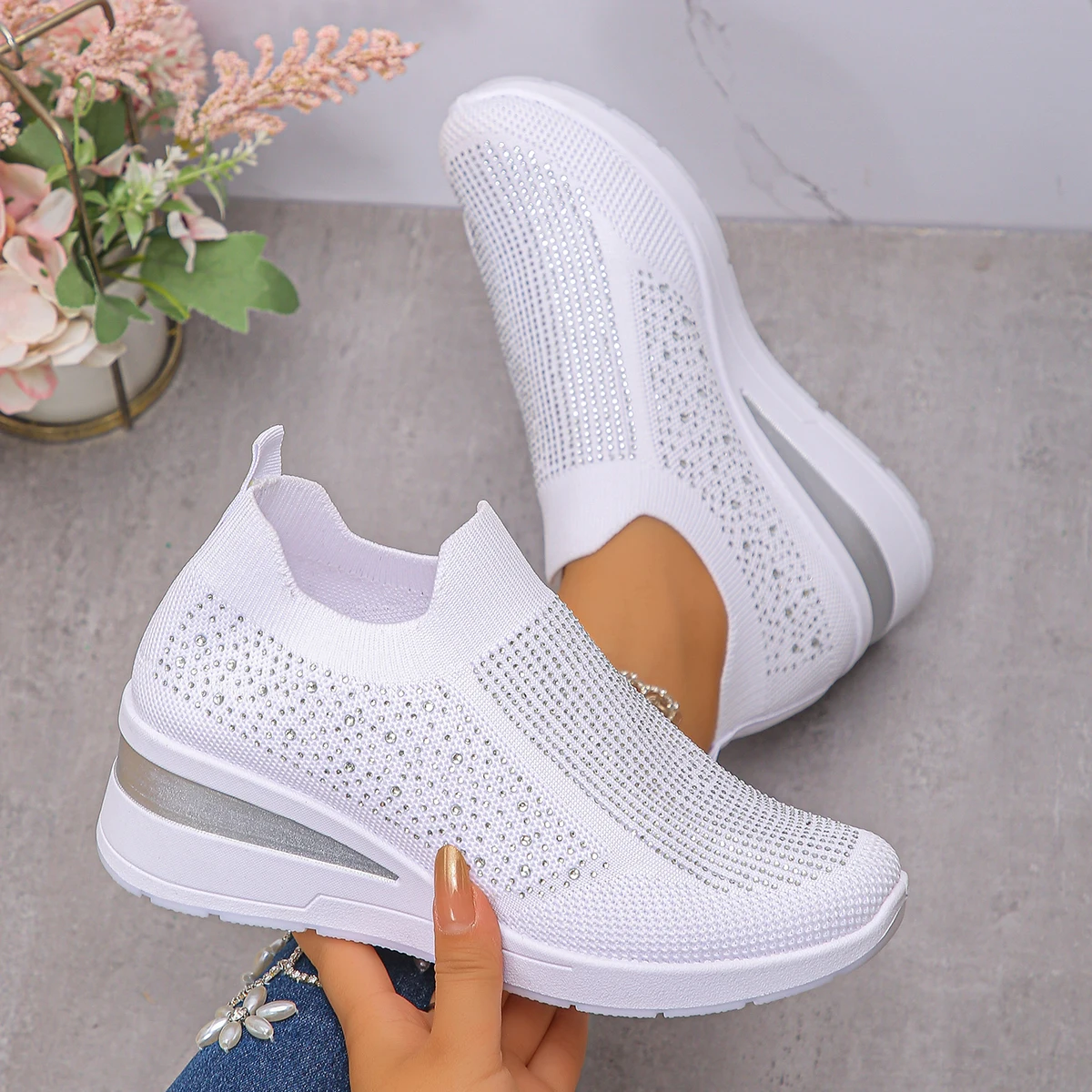 الخريف النساء حجر الراين أحذية رياضية موضة تنفس شبكة الانزلاق على أحذية رياضية مسطحة في الهواء الطلق أسافين عادية أحذية فلكنيز النساء #1