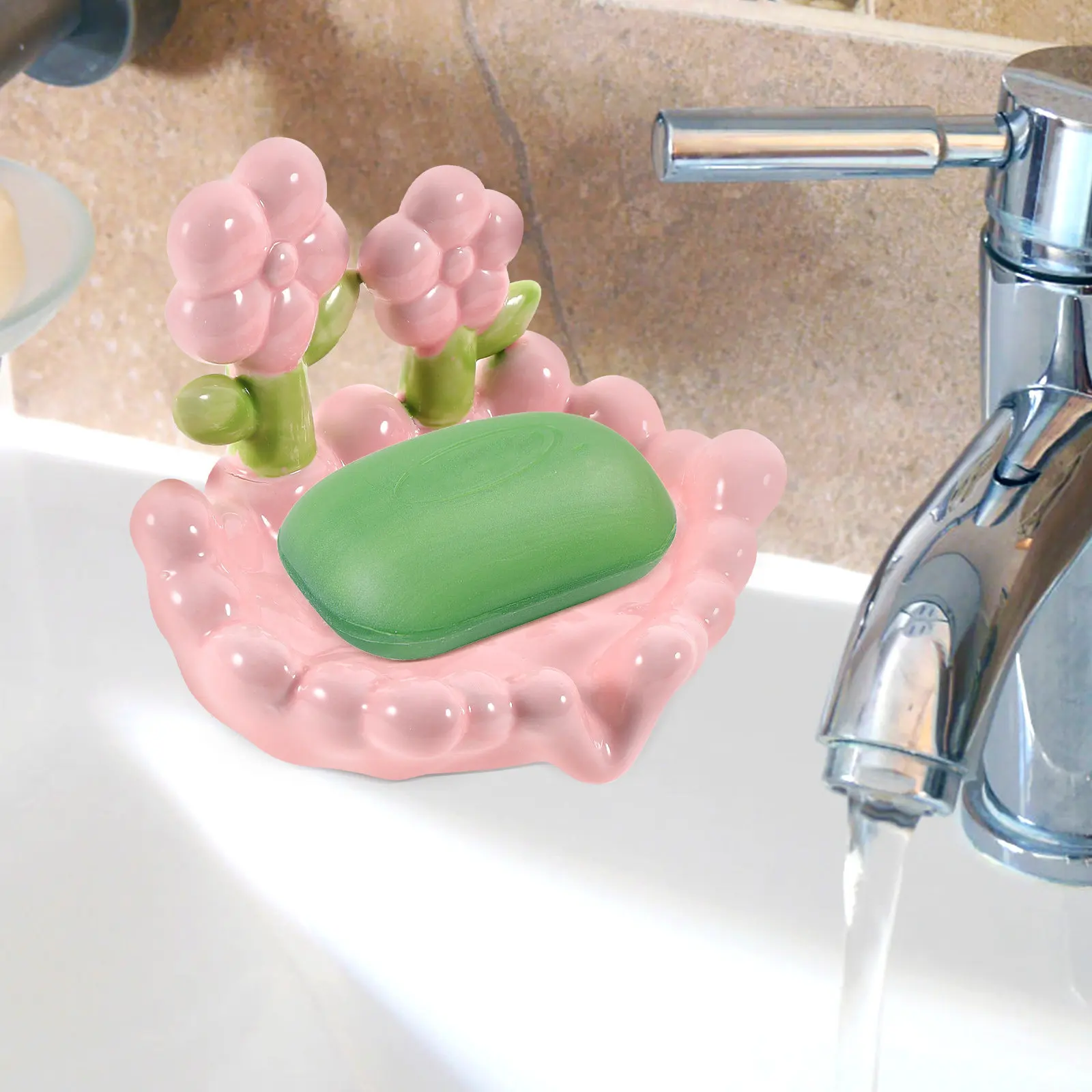 

Керамическая самоотводящаяся мыльница с цветочным декором, элегантный аксессуар для ванной комнаты, водостойкая подставка для мыла для кухонной раковины