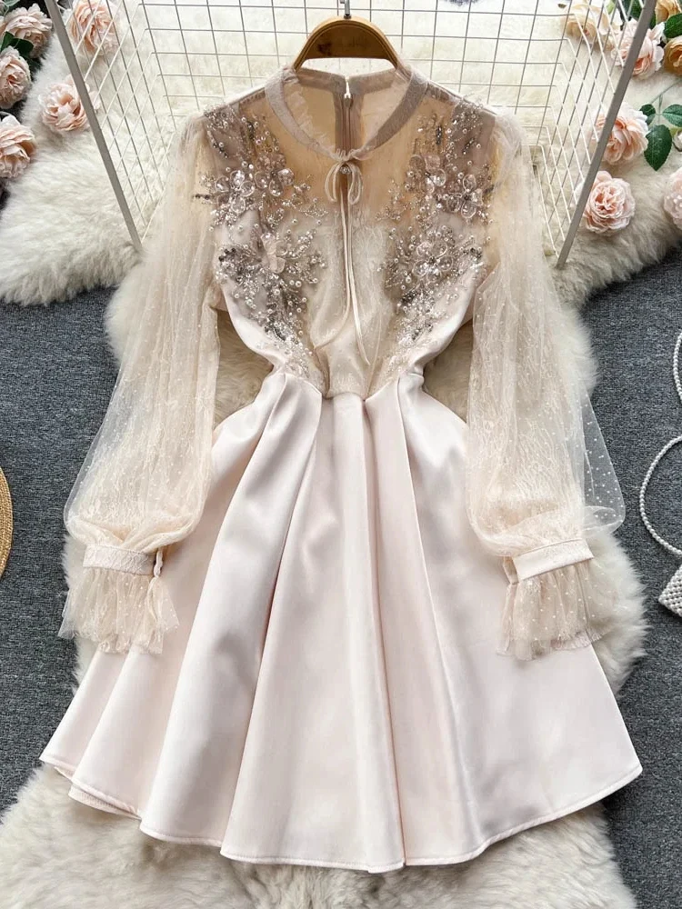 

Women Beaded Vintage Dress Palace Style High Waist Patchwork Mesh Elegant A Line Dresses Ladies Fairy Puff Dress Robe Vestidos