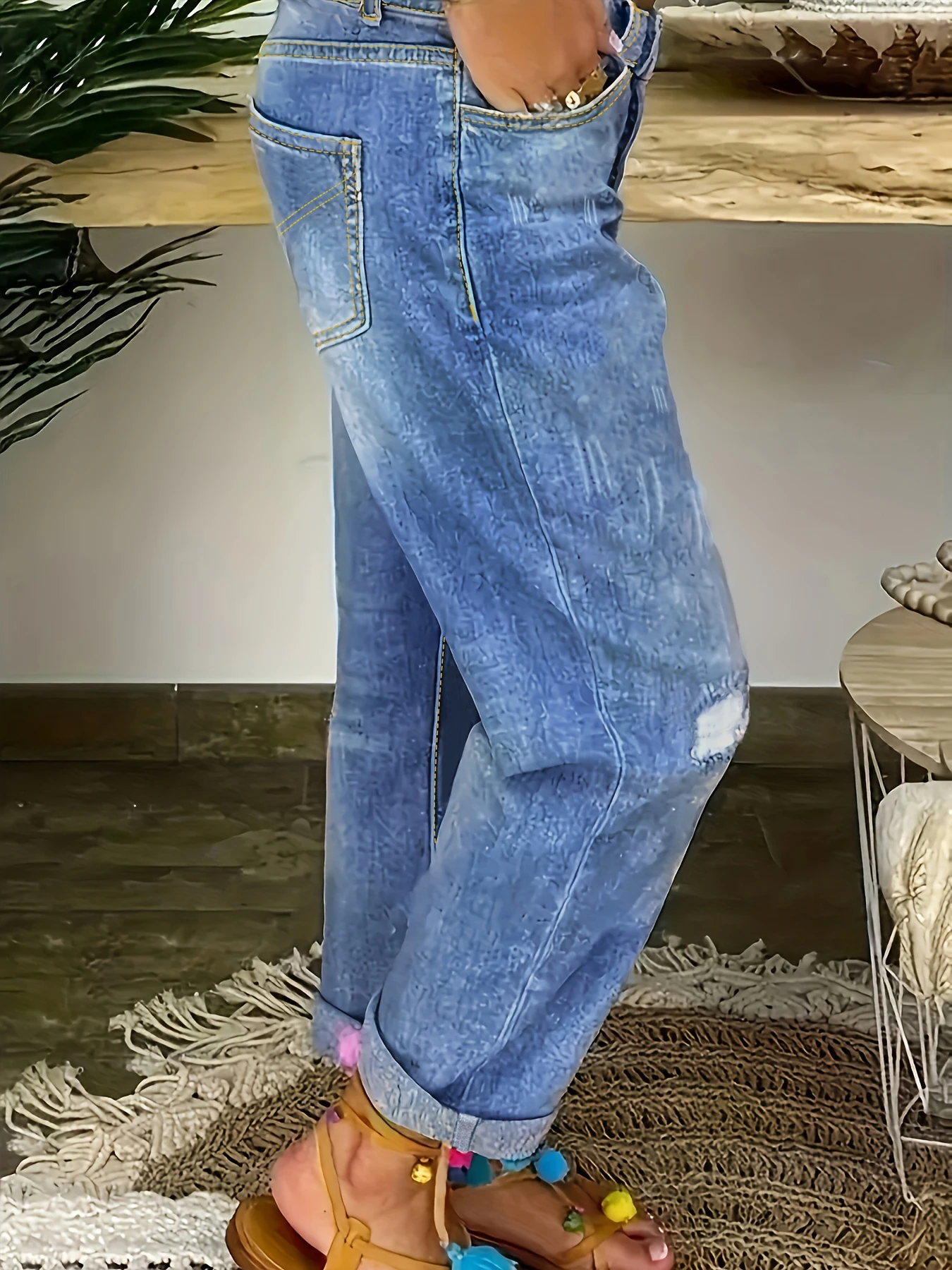 Jeans femininos plus size elásticos de cintura alta com vários botões, jeans desgastados, estilo rua