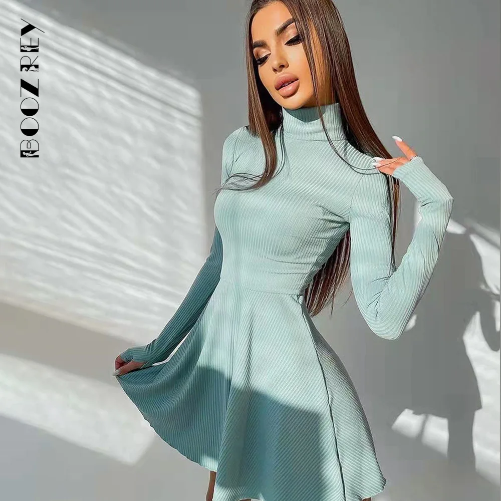 BoozRey Elegant Solid Turtleneck Dress for Women Long Sleeve Knitted Bottoming A-line Pleated Skirt Casual Streetwear Dress Girl