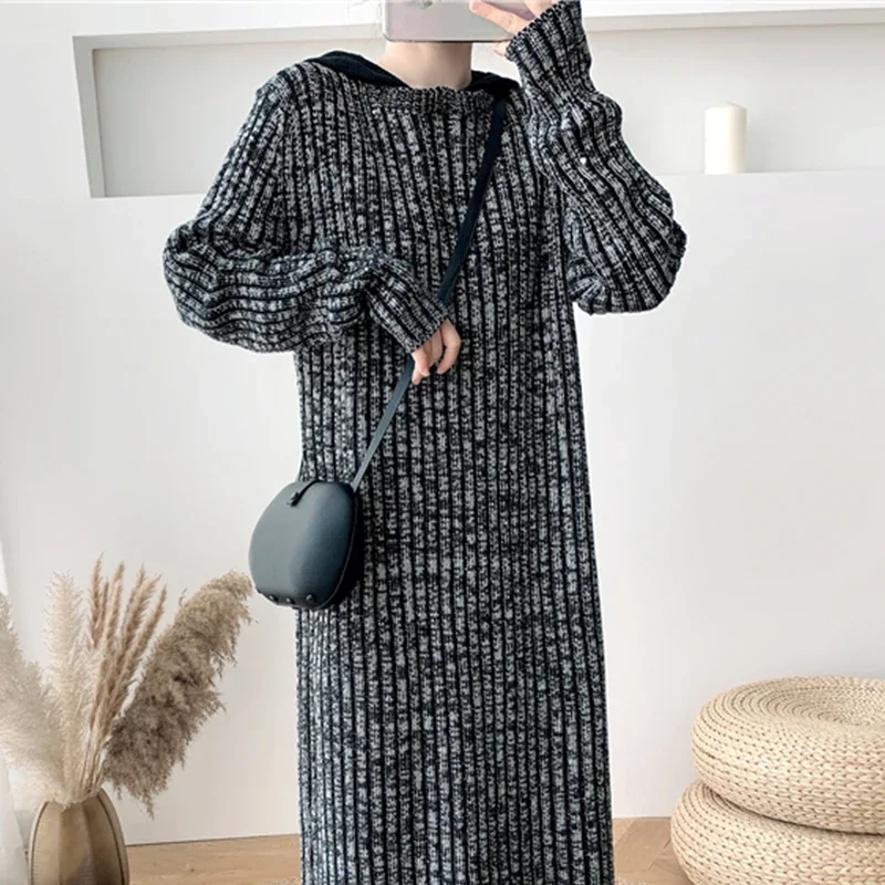 Chic Vintage Hooded Sweater Dress Women Autumn Thicken Knitted Dresses Ladies Oversized Elegant Long Woolen Vestido Winter