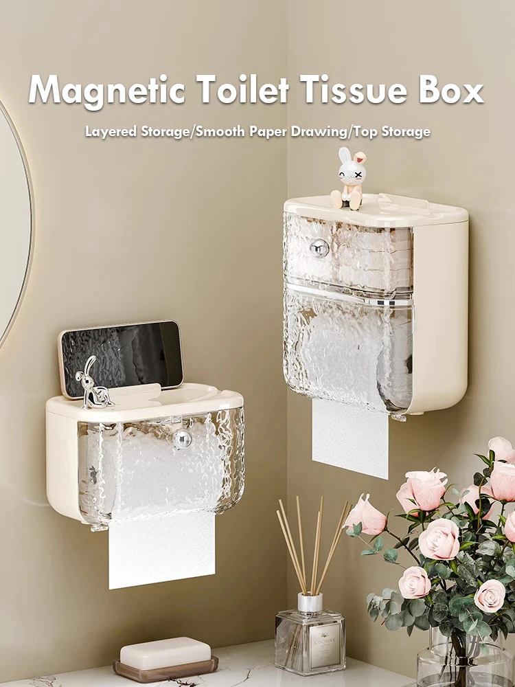 Bathroom Tissue Box Wall Mounted Non Perforated Magnetic Suction Cover Tissue Box Storage Rack Water Ripple Storage Box