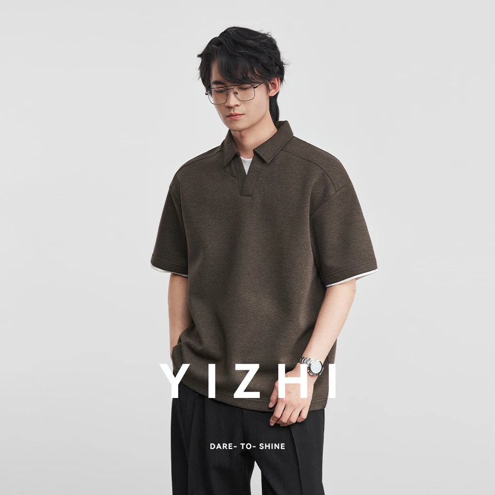 Fashion Men's Heavy Duty Fake Two-Piece Short-Sleeved Polo Shirt 2026 Spring Summer Retro Lapel Loose