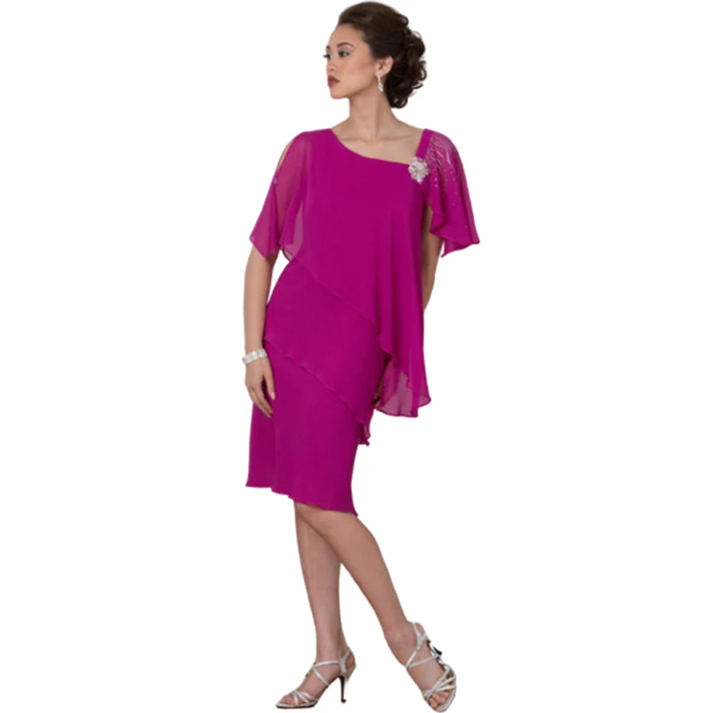 

Vibrant Magenta Asymmetric Mother of the Bride Draped Dress with Flutter Layered Detail Evening Events and Special Occasions