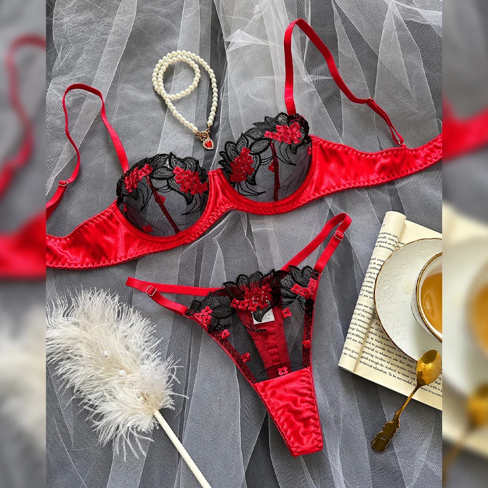 Lady's Luxury Fancy Lingerie Set Floral Lace Bra and Fine Panties Sexy Erotic Underwear in Red Rose Red and Black