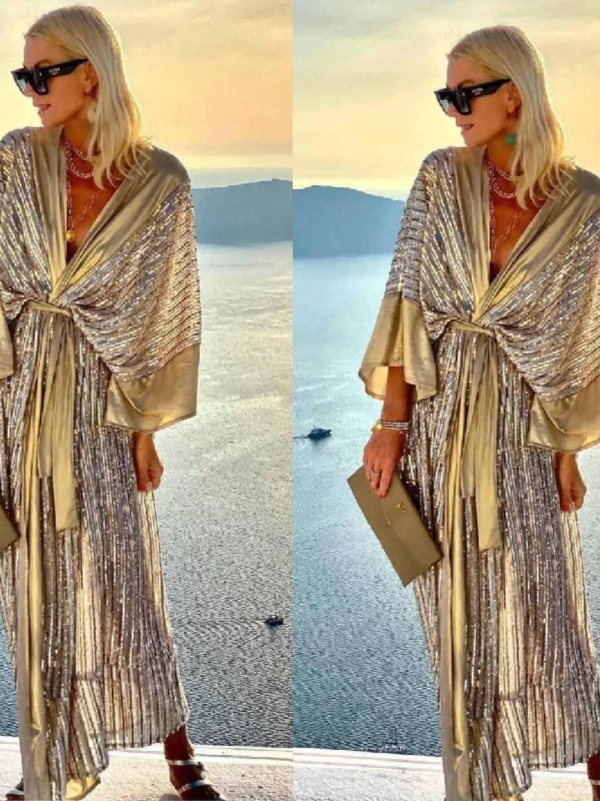 الديكور سترة مفتوحة Batwing Sve Par Dr رداء الربط ملابس خارجية عادية Sle منتصف الخصر الترتر طويل Sve فستان صيفي