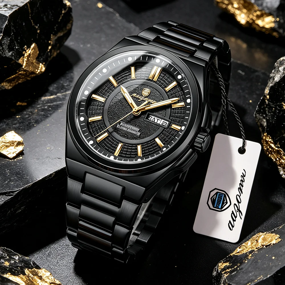 PAAZOMU Men Quartz Watch Luxury Gold Silver Stainless Steel Blue Dial Day Date Business Wristwatch Quartz Man Wristwatch Reloj