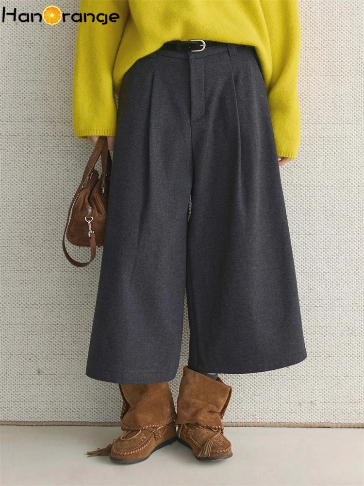 

HanOrange 2025, зимние простые винтажные бархатные плиссированные капри с поясом, женские свободные удобные брюки длиной до икры, черный/темно-серый