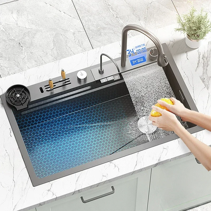 

304 Stainless Steel kitchen sink Digital Display Embossed Waterfall Sink Large Single Slot Multifunctional Wash Basin