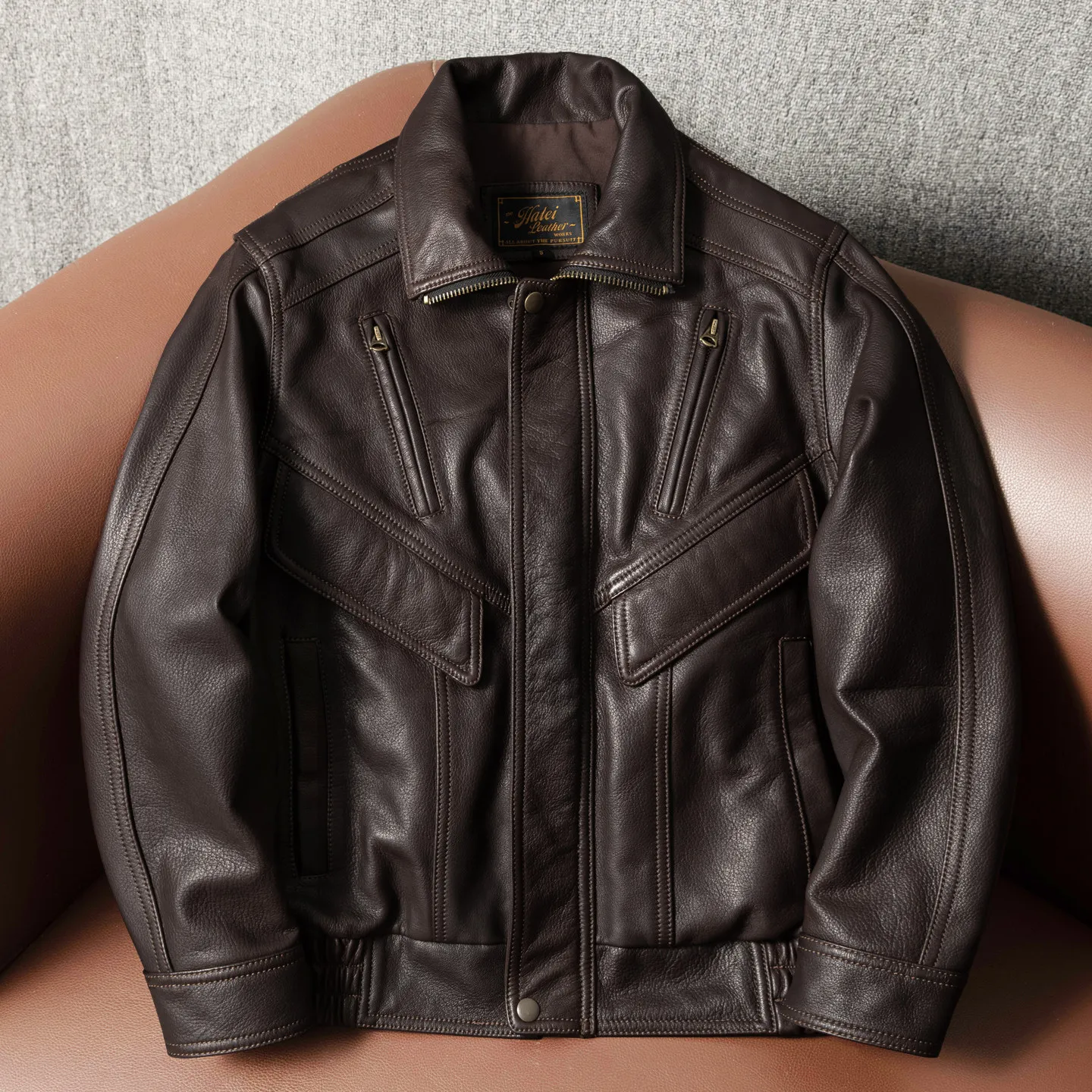 

Flying suit first layer goatskin men's lapel short large size leather jacket