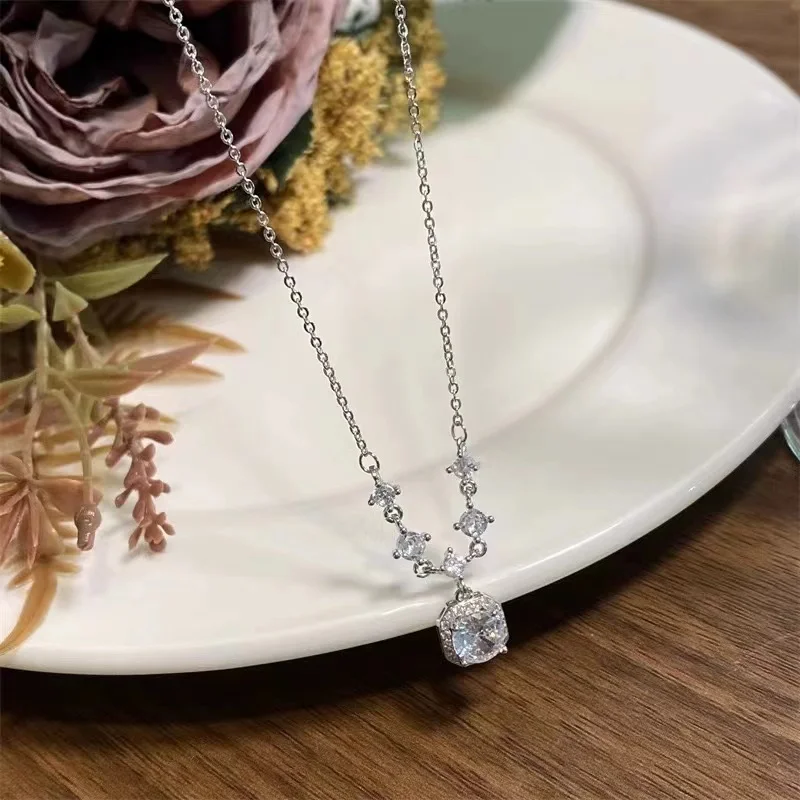 

New 925 Sterling Silver Zircon Necklace Charm Personalized Geometric Pendant Choker Birthday Gift for Women Exquisite Jewelry