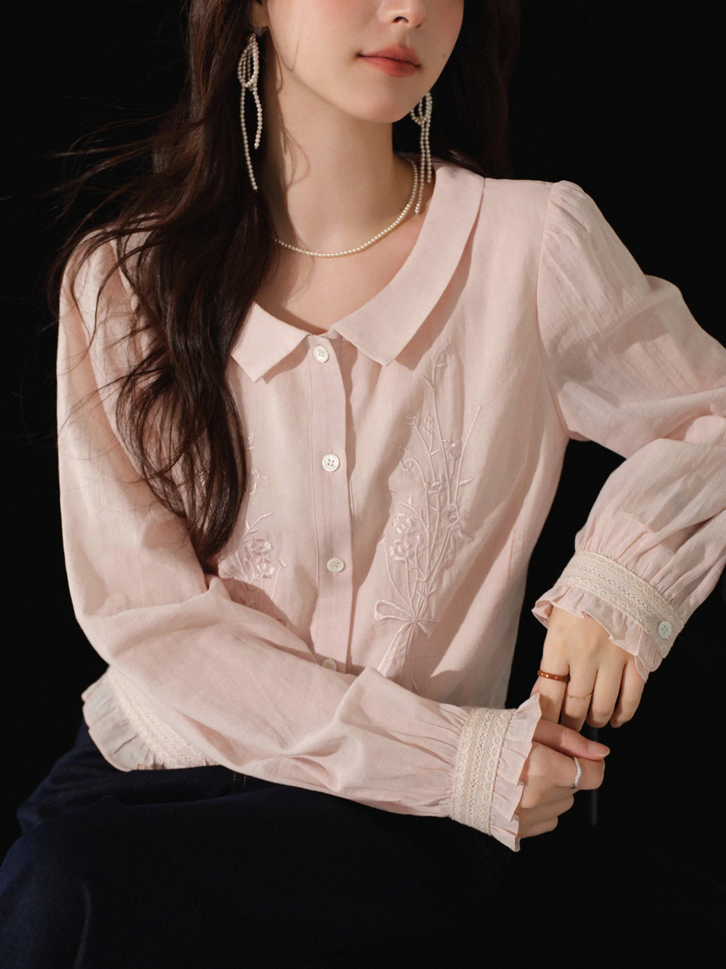 Franse geborduurde blouse voor dames herfst shirt met lange mouwen zoete ruches top elegante button-down casual outfit dagelijks gebruik