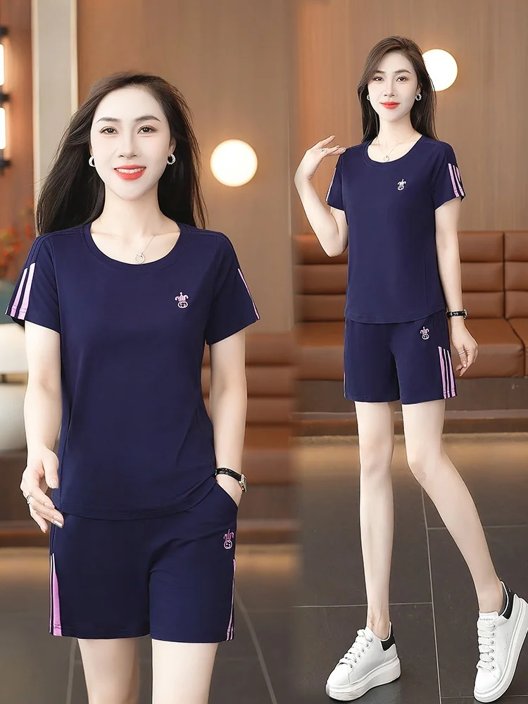 Conjunto Esportivo TUCANO Ice Silk Feminino Casual Fitness Duas Peças Verão 2025 Gola Redonda Manga Curta Calça Curta para Mãe