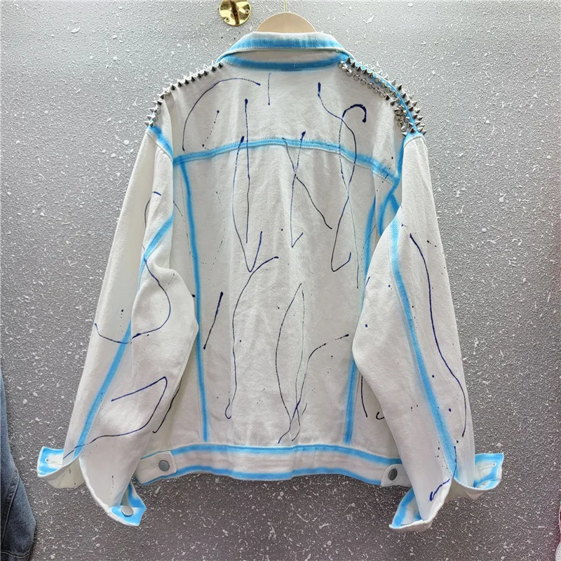 Multicolore rivetto diamanti grande tasca giacca di Jeans donna sciolto corto bianco blu capispalla Cowboy stampa Jeans giacca cappotto femminile