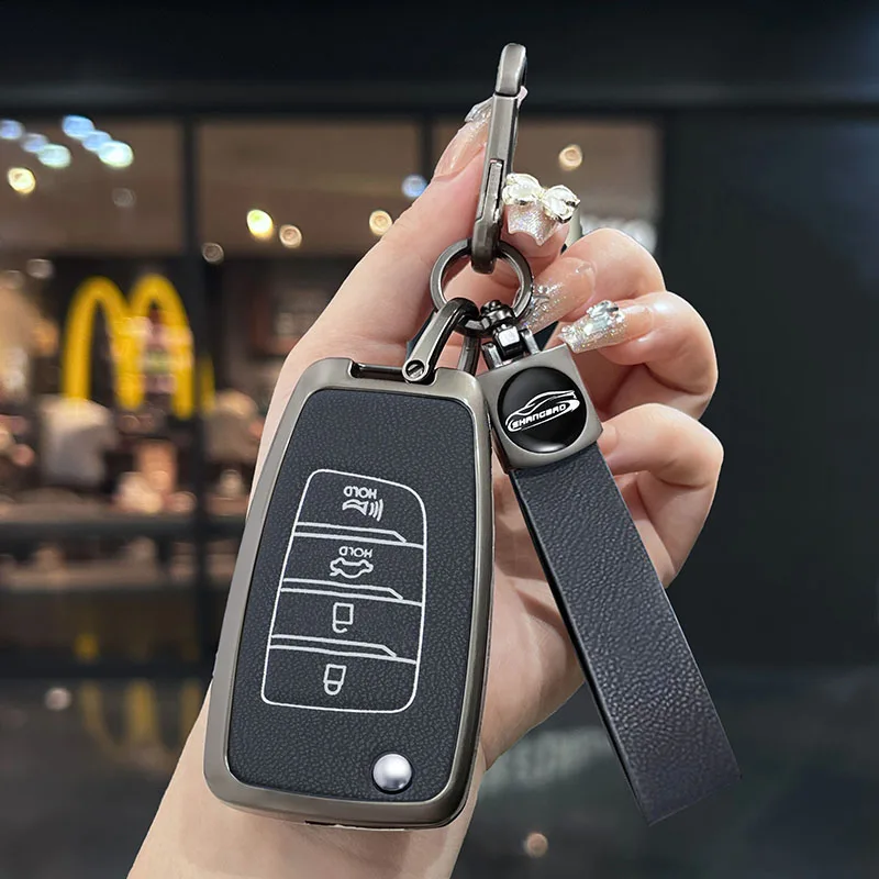 

Zinc Alloy Leather Car Flip Key Case Cover Shell Fob for Hyundai Elantra Solaris Tucson I30 I35 I40 KONA Genesis Santa Fe Azera
