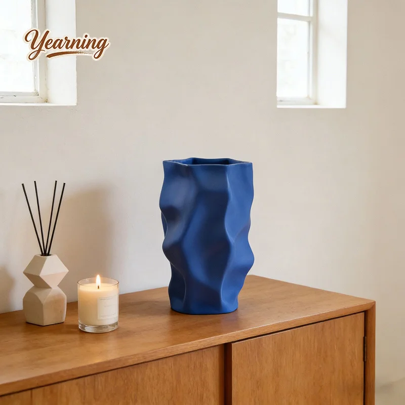 French Wave Large Mouth Morandi Blue Ceramic Vase Modern Home Decor