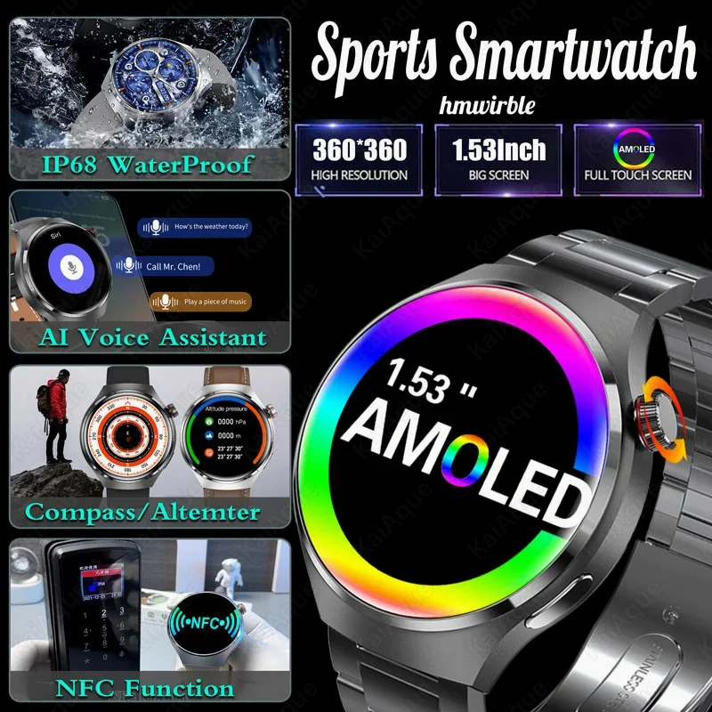 Watch 4 PRO Smart Watch Men Women AMOLED HD Screen Bluetooth Call GPS Trajectory NFC Heart Rate Compass SmartWatches 2025 New