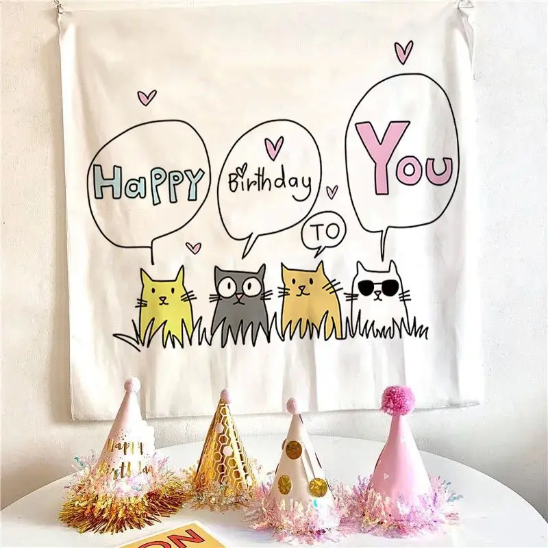 VIKAMA Three Layer Cake Birthday Tapestry, Gift Happy Birthday Aesthetic Wall Hanging for Bedroom Living Room Decor