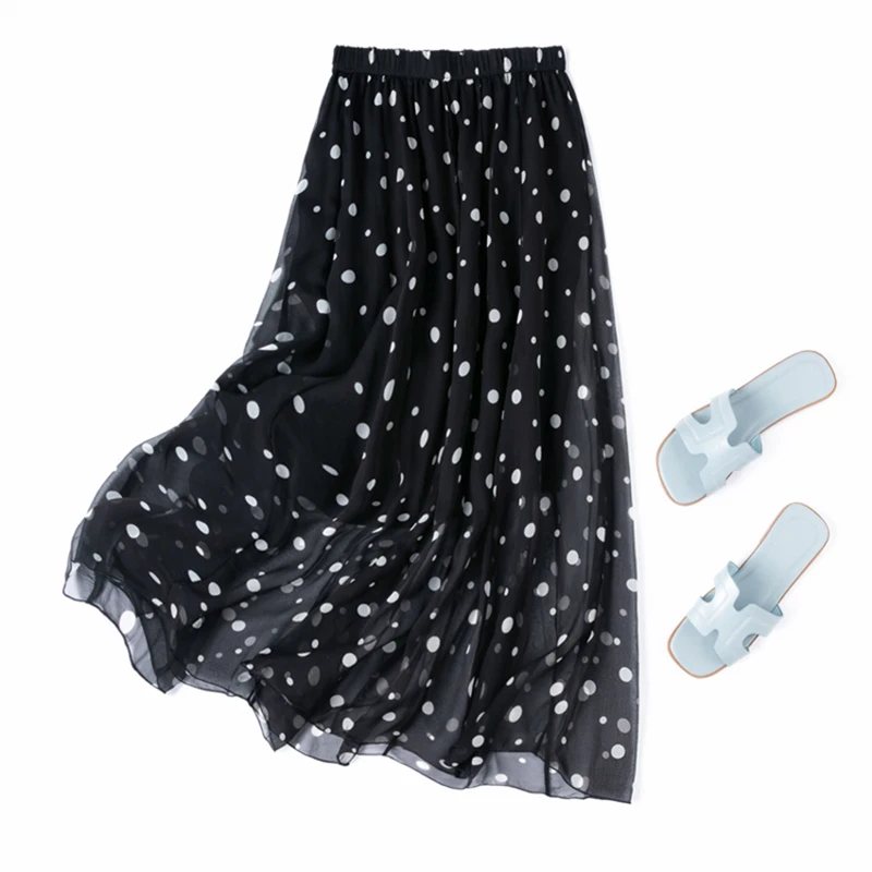 

100% Mulberry Silk Women Silk Skirt Black White Dots Printed Long Type Skirt With Lining Summer Beach Fashion 2025 Big Hem M1271