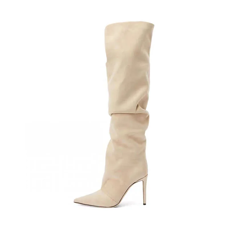 Arden Furtado Beige suede Stiletto heels Over the knee boots Pointed toe Slip-on High-heeled Pleated Slouchy  Ruched boots 45