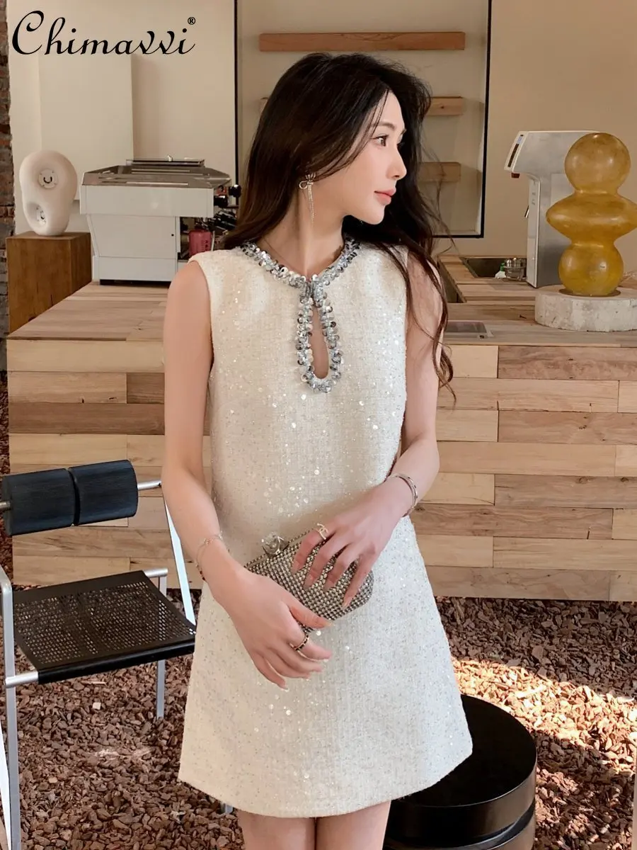 

Spring Summer New French Style Round Neck Sequins Hollow Sleeveless Dress High-End Luxury Elegant Slim Women's Mini Dresses