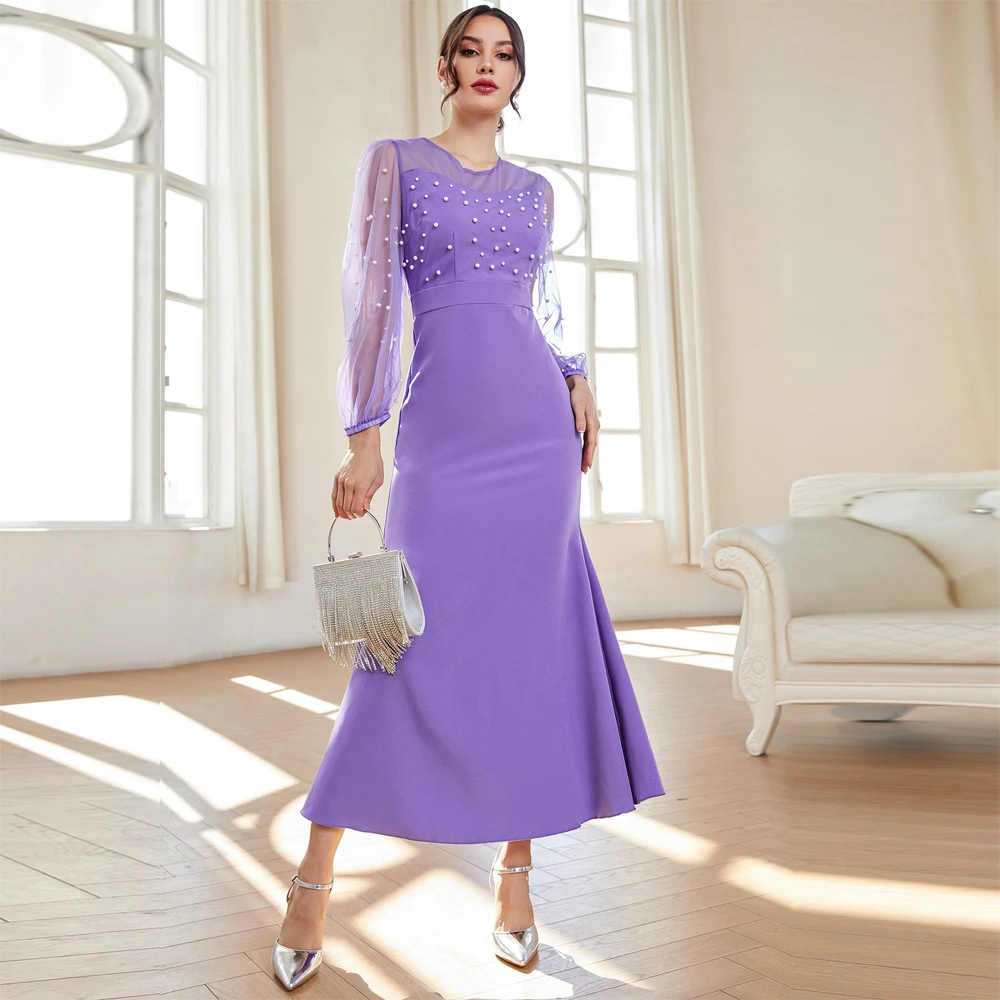 

2024 Spring Summer Evening Dress Women Elegant Luxury Fashion Crew Neck Mesh Splice Long Sleeve Plus Size Formal Occasion Dress