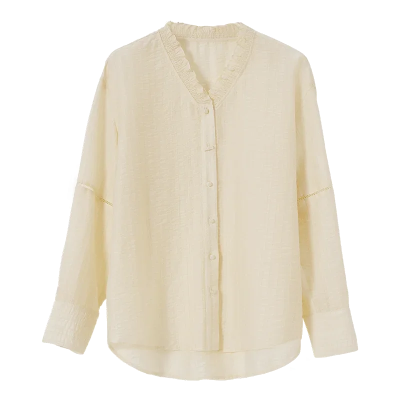 SENTUBILA Chinese Style Shirt Women 2025 Spring Lyocell Straight Ruffles V Neck Hollow Folds Long Sleeve Button Blouse 151C57678