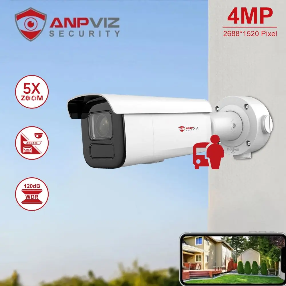 Anpviz 4MP 5X zoom Bullet POE IP License Plate Recognition Camera Human vehicle detection security camera supports 512GB SD card