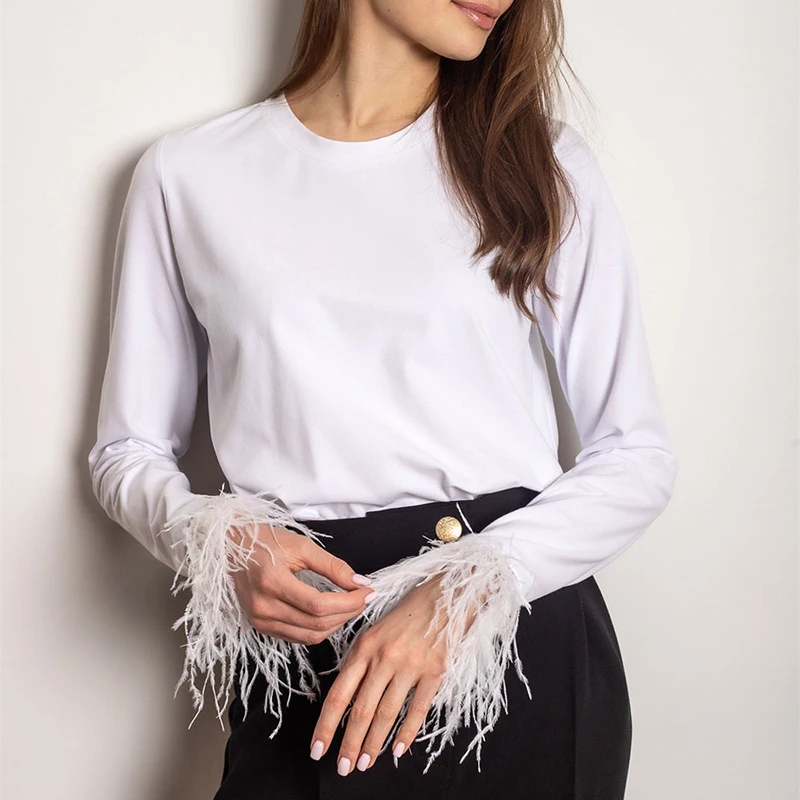 Elegant Feather Patchwork Solid Color Blouse Women Casual Long Sleeve Loose Party Shirts Office Fashion O-neck Commuting Shirts