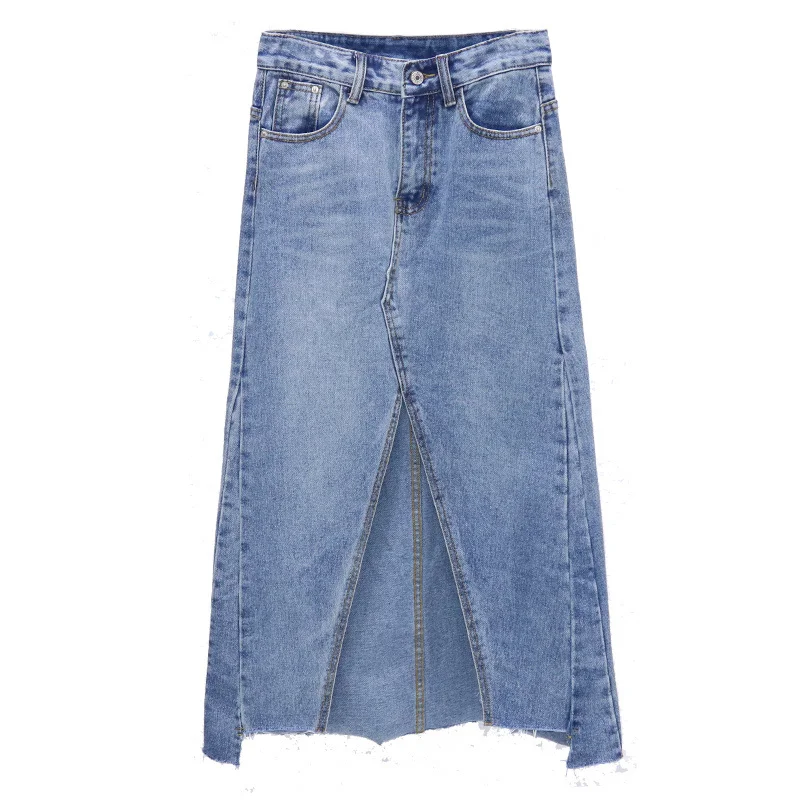 

2021 New Spring Summer Women Vintage Blue A-line Denim Skirts Pocket Korean Style High Waist Split Mid-Calf Jeans Skirts