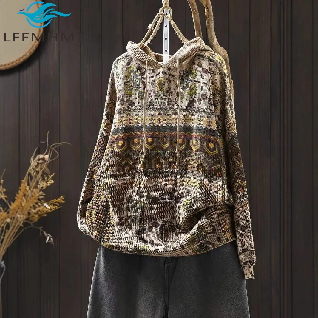 

Women's Loose Casual Knit Tops Winter Fashion Soft and Comfortable Cotton Sweater with Retro Print Autumn Winter Hoodies Female