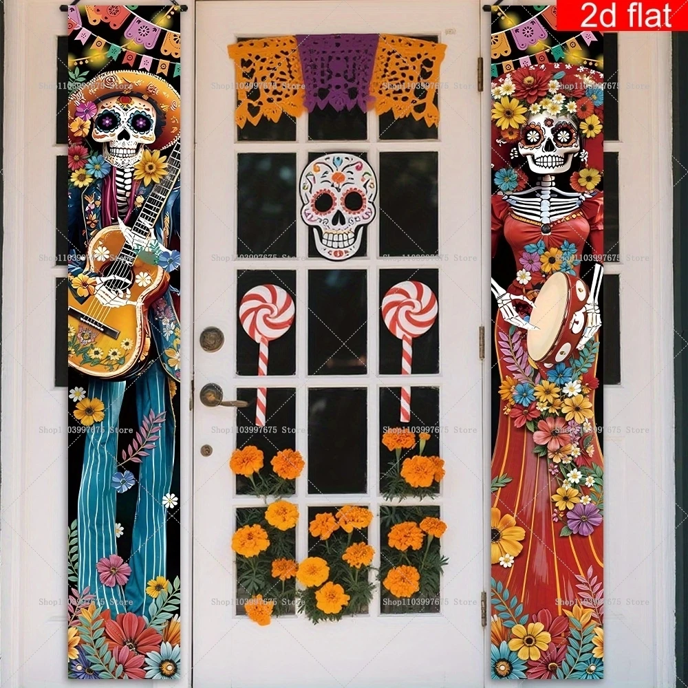 Day of the Dead Door Banners Vibrant Skeleton Mexican Day of The Dead Party Decor Couplets Porch Signs Indoor Outdoor Banners