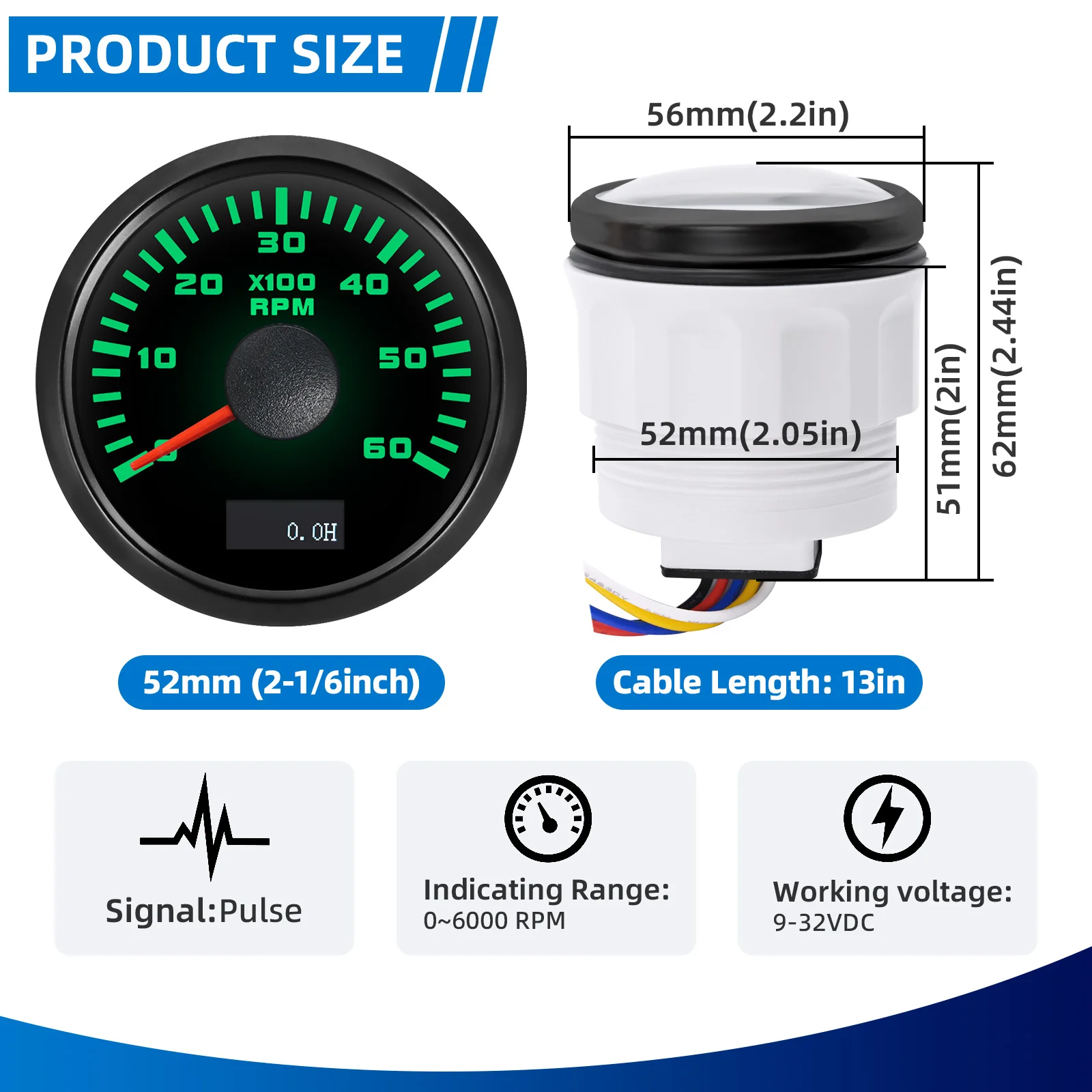7 farbe Hintergrundbeleuchtung 52mm Tachometer Gauge 3000/4000/6000/7000/8000 RPM Tacho Gauge Wasserdichte Meter Für Marine Auto 12V 24V – Detail 5