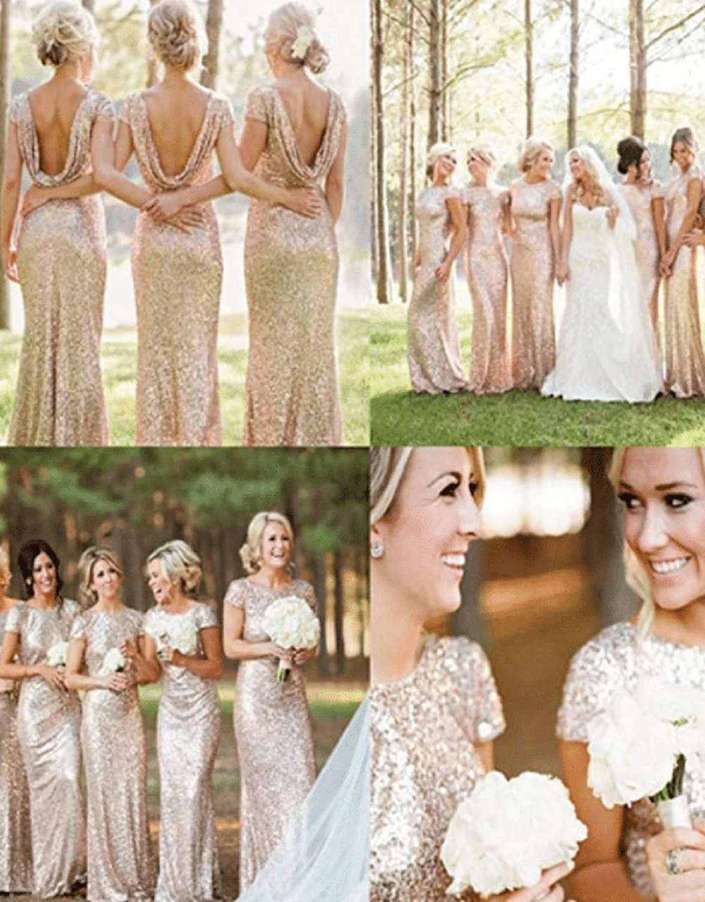 Champagne Gold Sequins Mermaid Bridesmaid Dresses Short Sleeves O Neck Summer Floor Length Formal Wedding Party Guest Gown