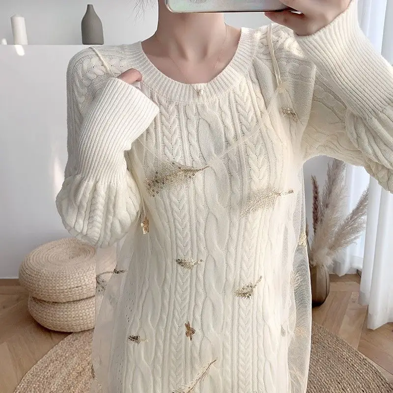 Korean Slim Knit Sweater Dress Women Knitted Mesh Spaghetti Strap Dress Female Long Sleeve Winter Autumn Dress