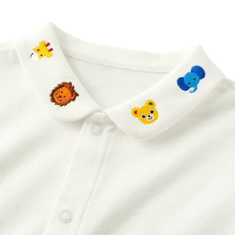 Japanese Children\'s Clothing Spring And Autumn Boys And Girls Flowers Bear Embroidery Lapels Long Sleeves White Shirt Underneath