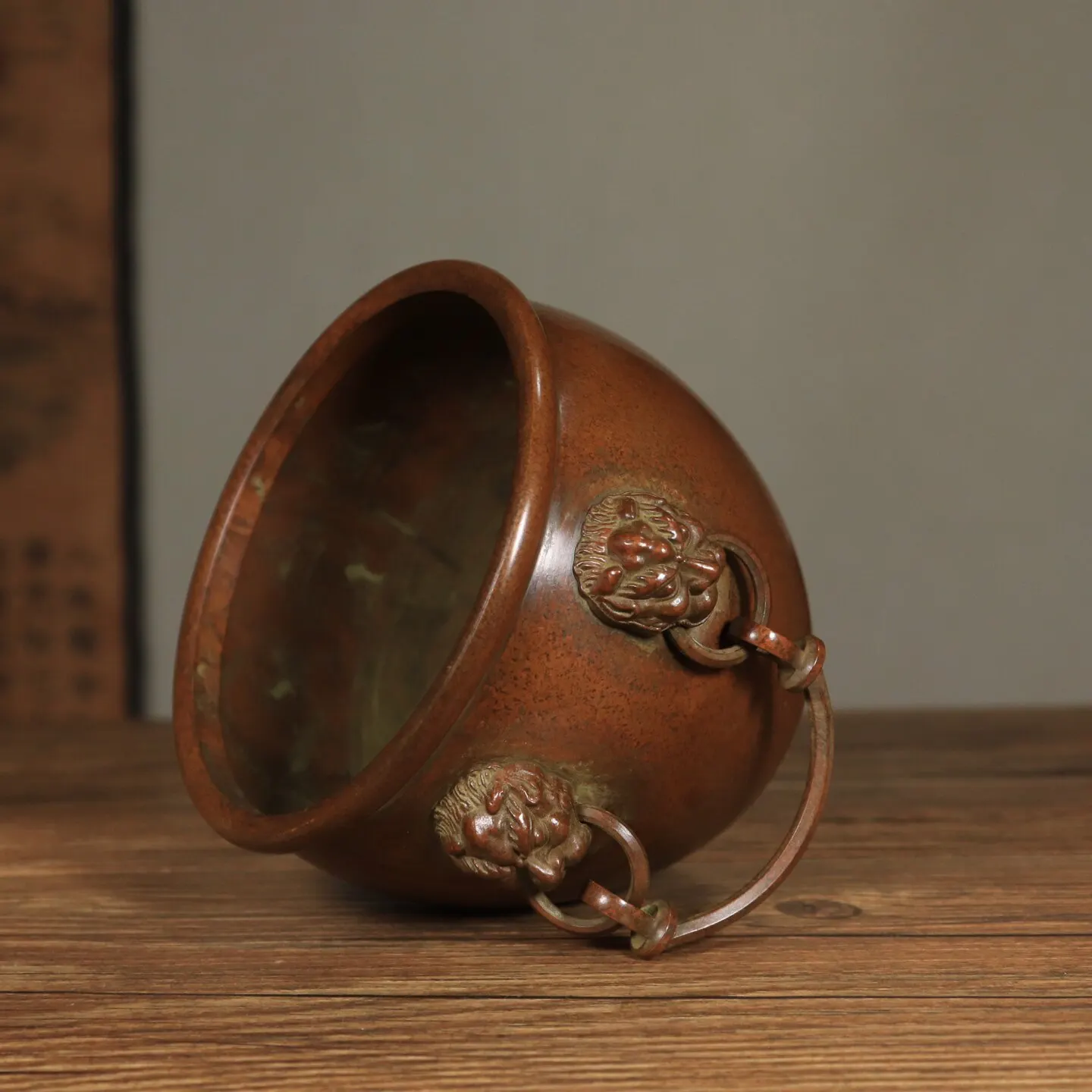 Vintage Large Solid Copper Double Lion Head Lucky Vat Feng Shui Treasure Basin Home Wealth Decor