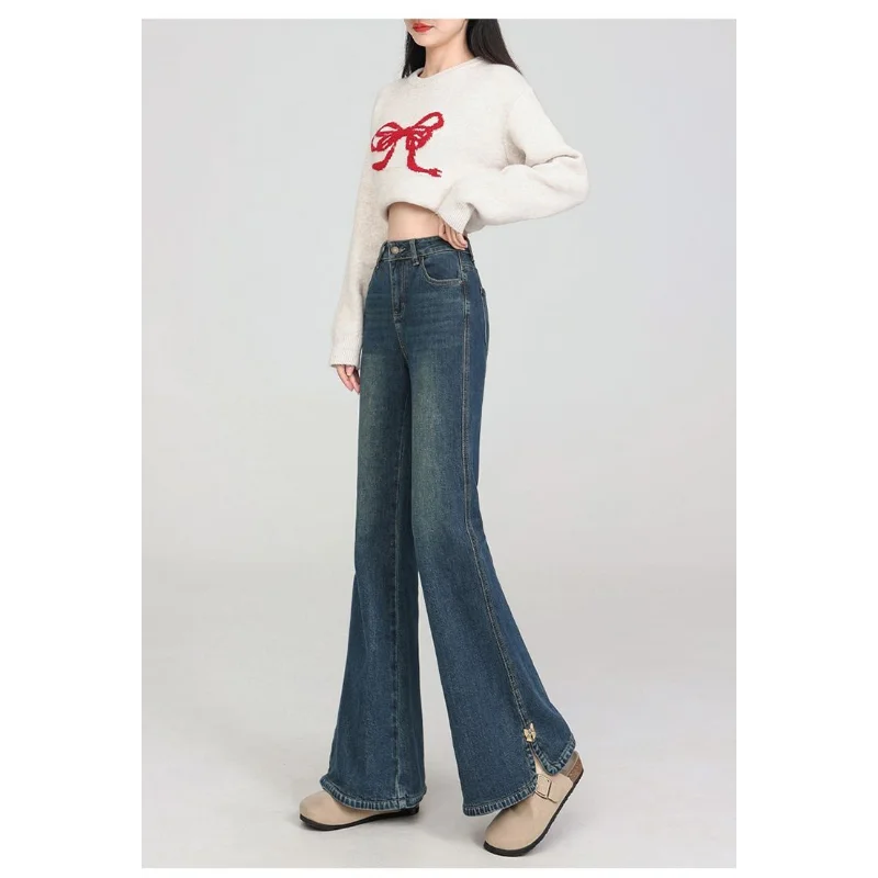 Celana Jeans High-waisted Model Slit Sedikit Melebar, Gaya Retro, Serbaguna, Ramping, Cocok untuk Musim Semi dan Gugur