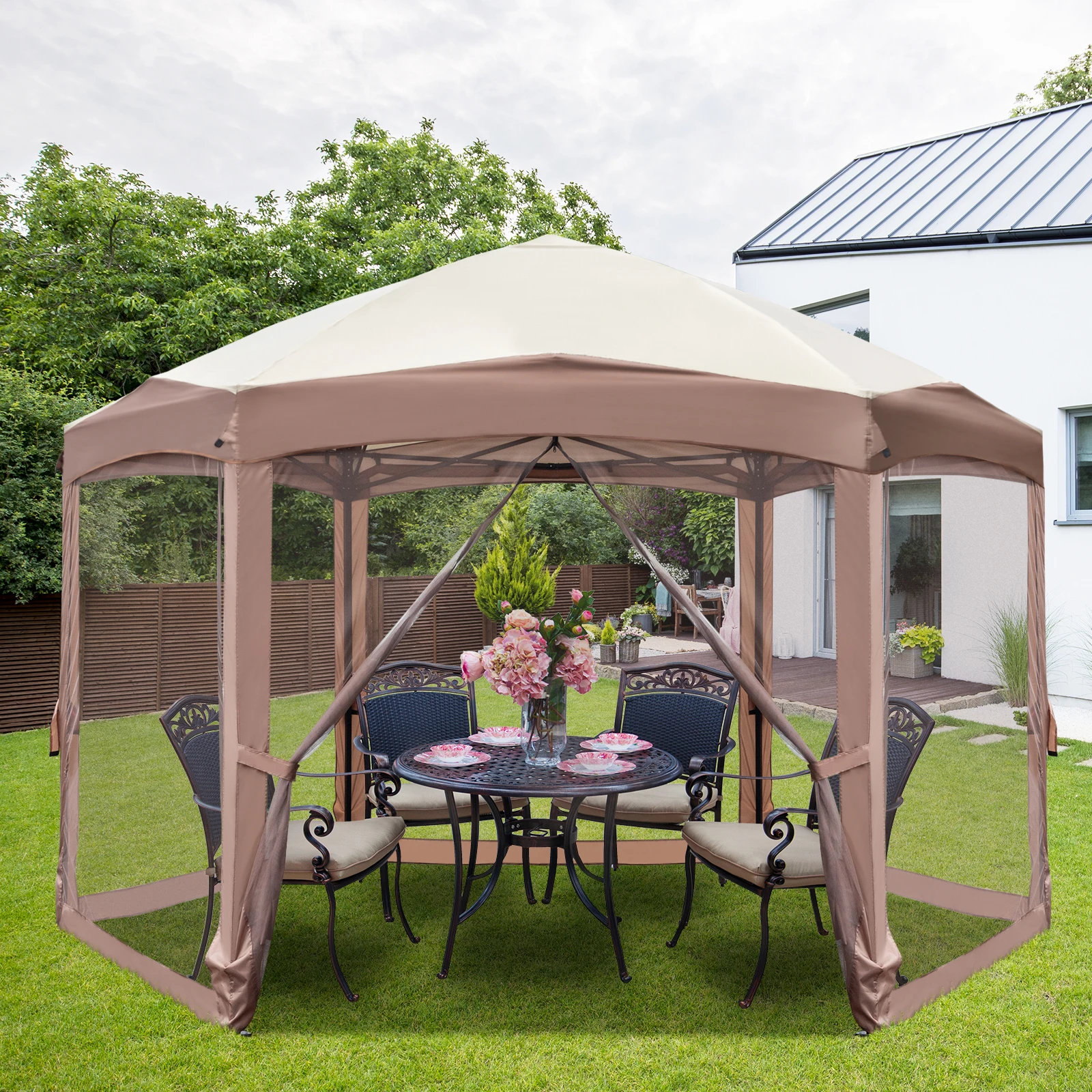 

3x3.6M Outdoor Patio Canopy Gazebo Tent Khaki Top Fabric Dark Brown Edge White Bracket Hexagonal Arc Top Folding Shed