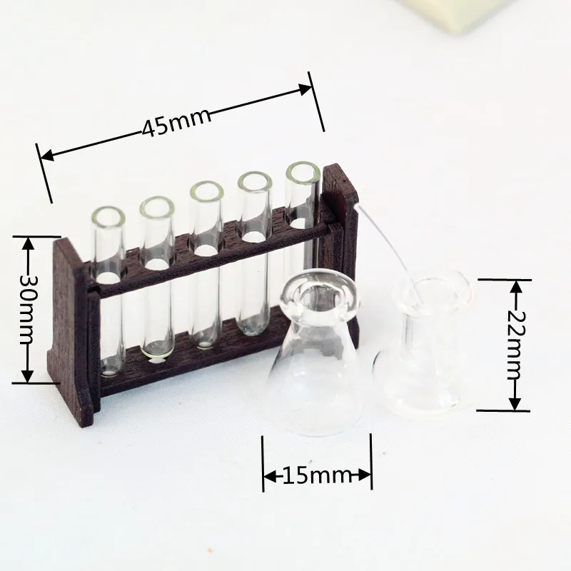 Dollhouse Miniature Laboratory Glass Test Tubes with Wooden Rack Dropper Measuring Cup Simulation Physical Chemistry Experiment