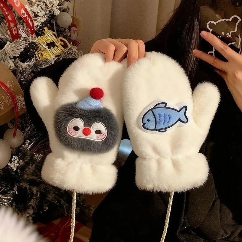 Luvas de pelúcia fofas de desenho animado 3d penduradas no pescoço para outono e inverno com pelúcia grossa e luvas de isolamento quente, presente pensativo