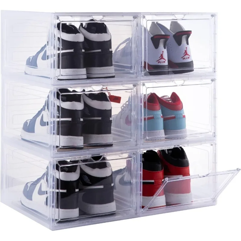 

Organizer Storage Boxes, 6 Pack Large Drop FrontBoxes with Magnetic Door, Clear Plastic Stackable Shoe