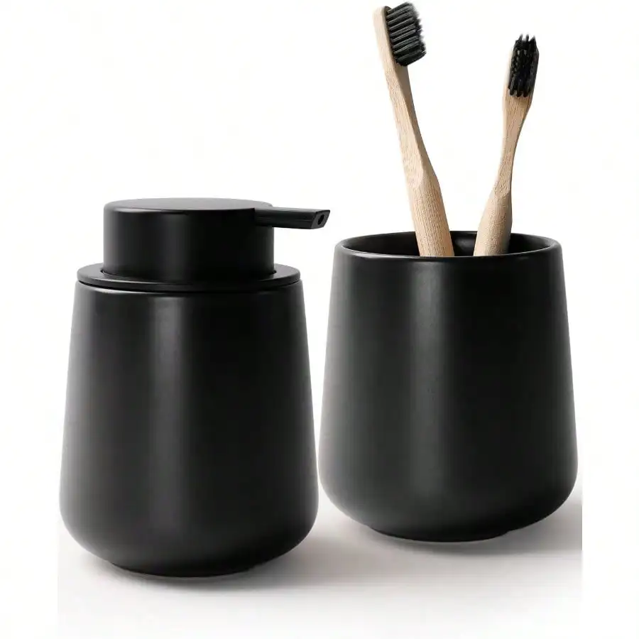 

Bonlife Soap And Holder Set - Ceramic Bathro Accessories Set Black Liquid Hand Soap Dienser Set For Bathro Holder And Soa