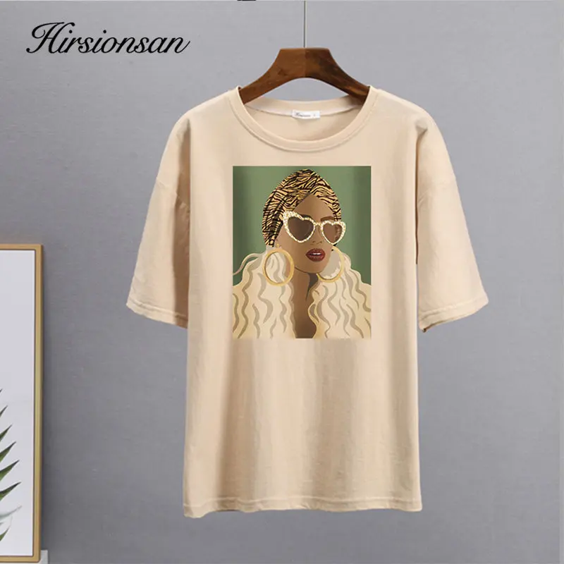 Hirsionsan Trendy Loose Graphic T Shirts for Women 2023 Summer 100% Cotton Short Sleeve Tees Female Casual Soft Streetwear Tops