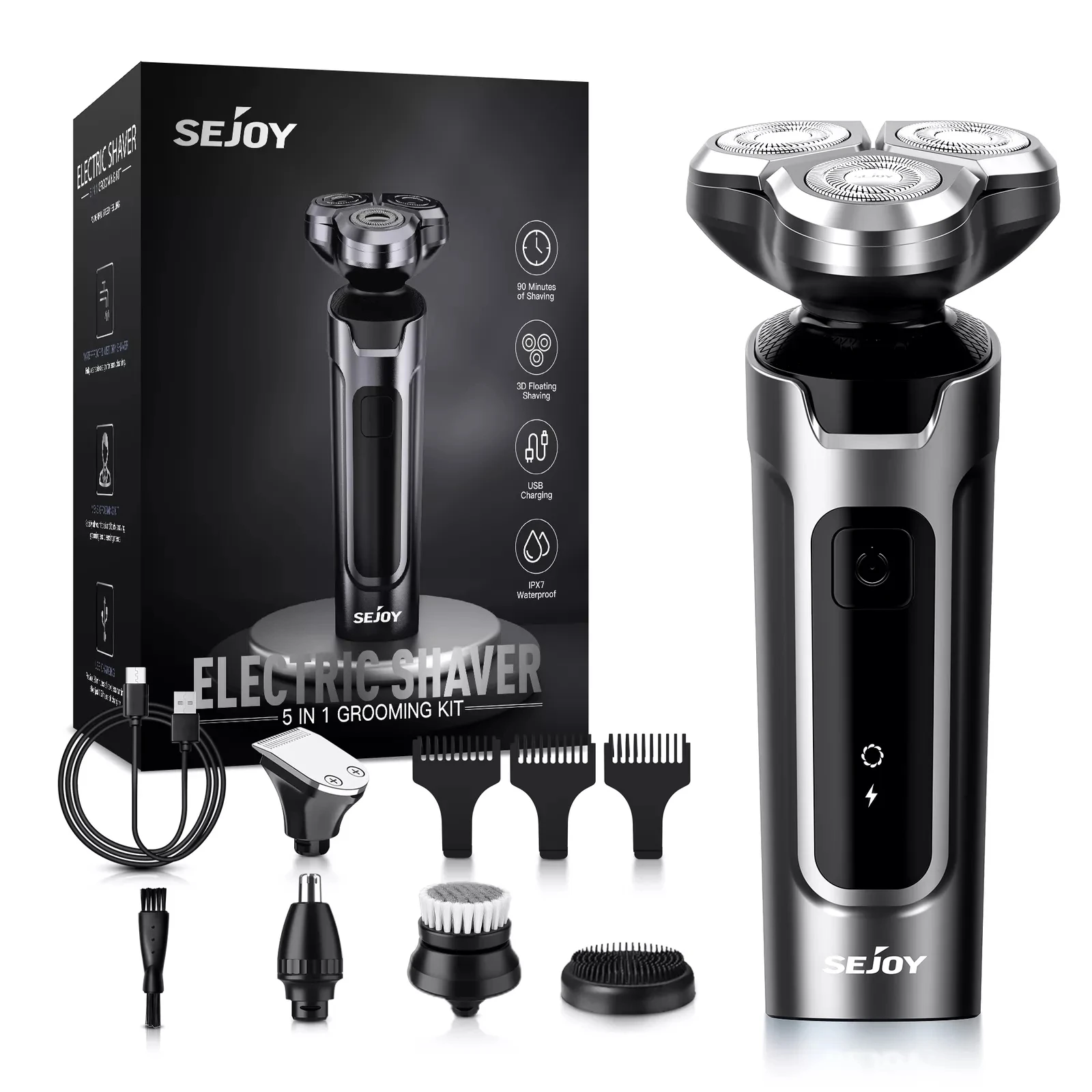 Sejoy Shaver Barber for Men 5 in 1 Electric Razor Rechargeable with Beard Trimmer Lithium Battery Portable Shavers for Travel