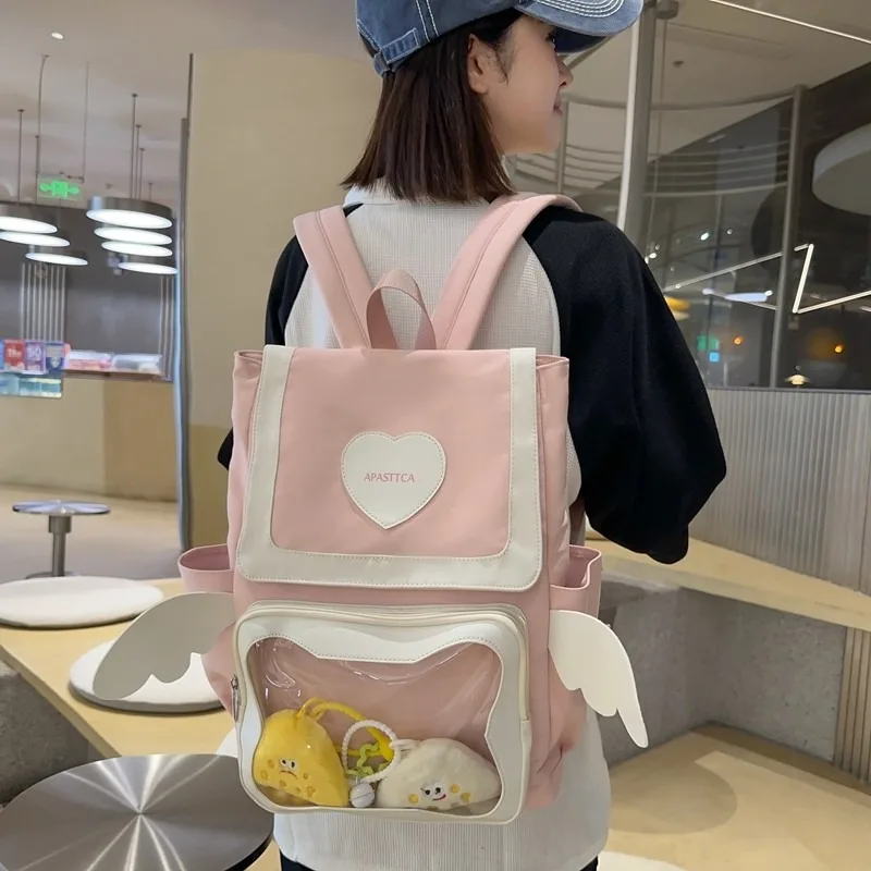 Leisure Cute Backpack 2024 New Japanese Student Class Transparent Layer Backpack Design Feel Wings College Style Shoulder Bag