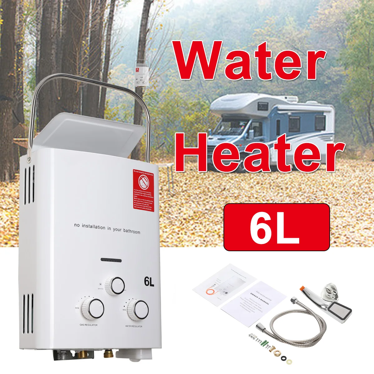 6L 12KW Propangas LPG Durchlauferhitzer aus Edelstahl für Outdoor-Camping mit Duschkopf-Set