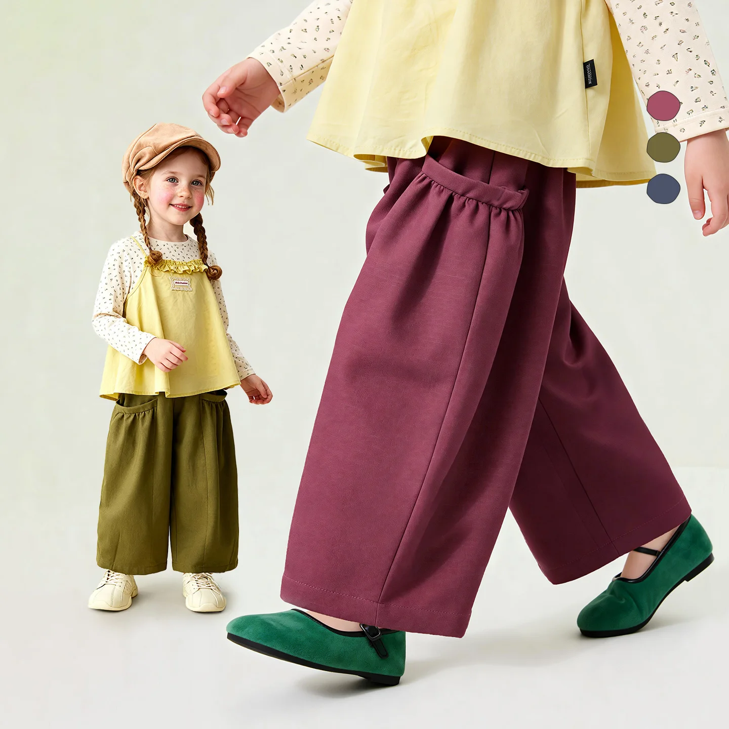 Amila 2026 Spring Children's Casual Pants With Folded Large Pockets Loose Solid Color Fashionable Wide Leg Children's Pants